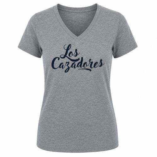 Women's heather gray V-neck Los Cazadores T-shirt displayed on an invisible ghost mannequin against a white background. Features a relaxed feminine fit, short sleeves, and a large navy script "Los Cazadores" graphic printed across the front chest in a clean ecommerce product image style.