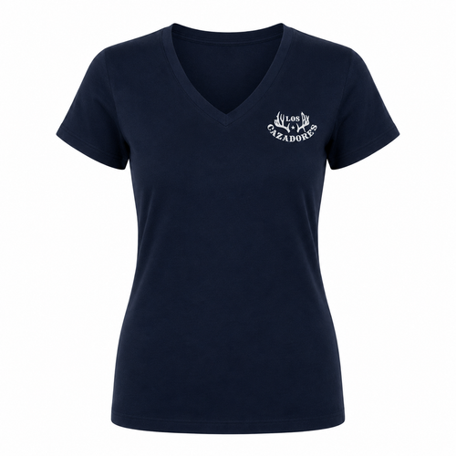 Women's navy blue V-neck Los Cazadores T-shirt displayed on an invisible ghost mannequin against a white background. Features a flattering feminine fit, short sleeves, and a white Los Cazadores antler logo printed on the left chest, presented in a clean ecommerce product image style.