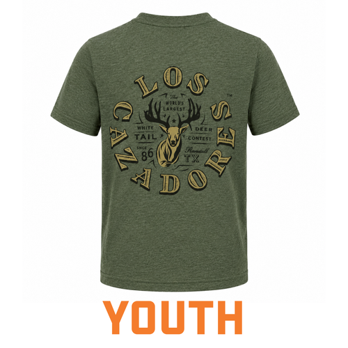 Youth olive heather short-sleeve Los Cazadores T-shirt displayed on an invisible ghost mannequin from the back against a white background. Features a large Los Cazadores deer contest graphic with antlers and vintage-style typography centered across the upper back.