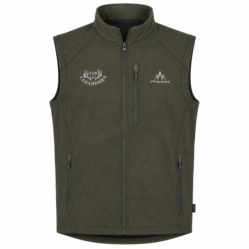 Front view of a Pnuma Beluga Grey softshell vest displayed on a ghost mannequin against a white background, featuring a white embroidered Los Cazadores antler logo on the left chest, Pnuma logo on the right chest, full front zipper, zippered chest pocket, and dual hand pockets.