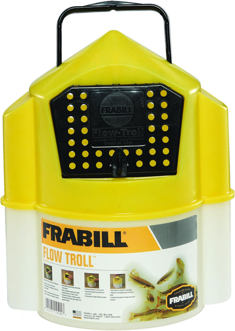 Frabill Flow-Troll Bait Bucket showing the aerated lid and wire carry handle