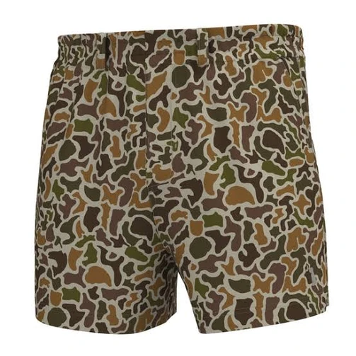 Local Boy volley shorts in Localflage vintage, a brown camo, laid flat