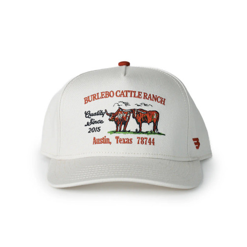 Burlebo cattle ranch cap on cream with a longhorn cattle graphic and Austin, Texas lettering, front view