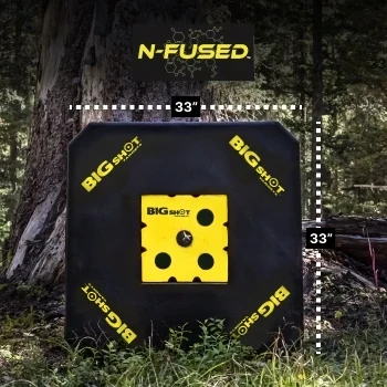 BIGshot Titan Archery Target diagram showing 33 x 33 inch dimensions and N-FUSED foam branding