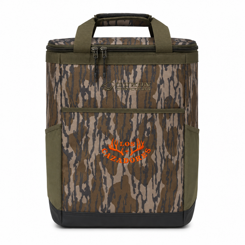 Whitebox image of Los Cazadores Embroidered Yukon 30 Can Dockside Insulated Backpack Cooler in Mossy Oak Bottomland Camo front view.