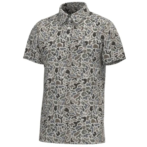 Local Boy dirty myrtle polo in a grey and white pattern, front view