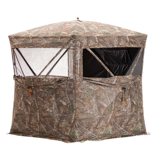 Rhino 270 Pop-Up Blind showing the see-through mesh window beside a window fitted with the detachable black blackout curtain