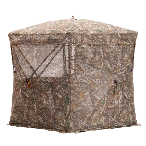 Rhino 270 Hunting Pop-Up Blind in Realtree camo, fully zipped closed