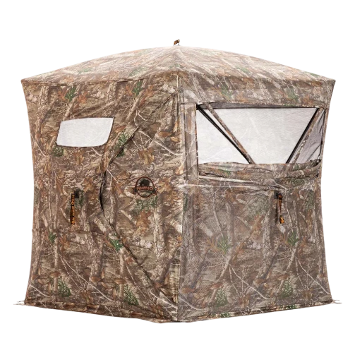 Rhino 270 Pop-Up Blind close-up showing the Rhino logo and see-through mesh windows