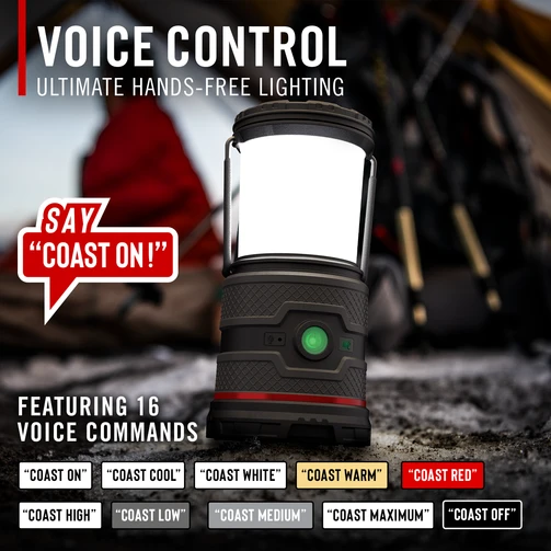 Coast EAL35R lantern voice control callout featuring 16 voice commands