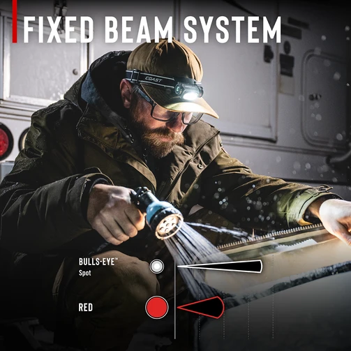 Coast WPH10R fixed beam system callout with a man using the headlamp outdoors