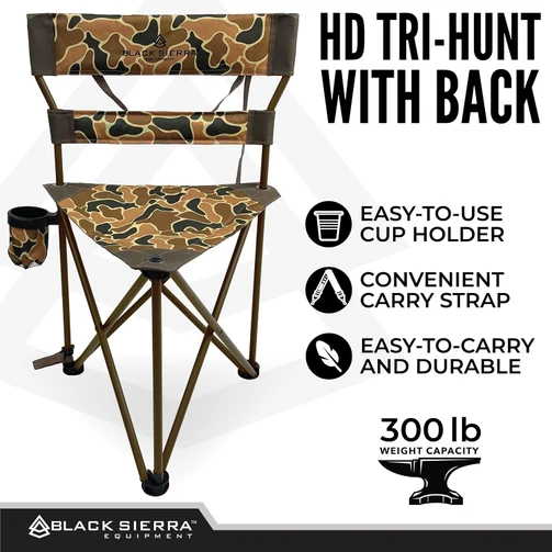 Black Sierra HD Tri-Hunt chair featuring a cup holder, carry strap, and 300 lb weight capacity