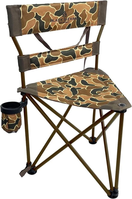 Black Sierra HD Tri-Hunt camo tripod hunting chair with backrest and side cup holder