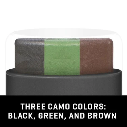 Close-up of the Allen Vanish face paint stick's three camo colors: black, green, and brown