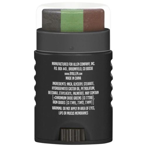 Back label of the Allen Vanish Camo Face Paint Stick showing ingredients and usage warning