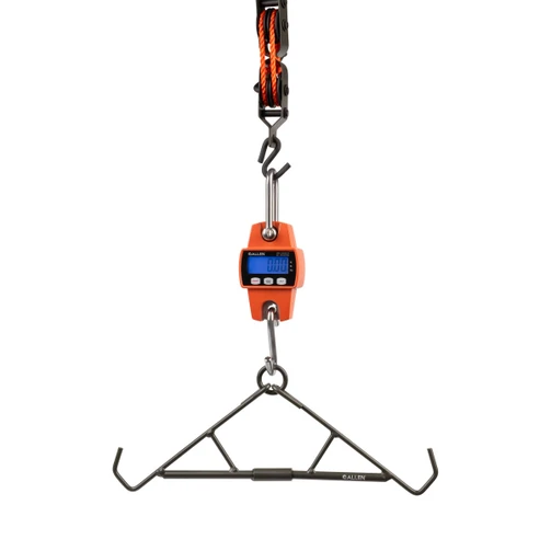 Allen Digital Game Scale hanging from a hoist and connected to an Allen gambrel for weighing game