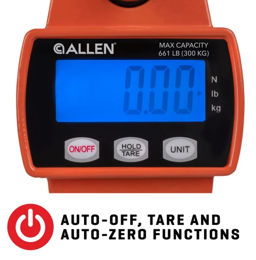 Close-up of the Allen Digital Game Scale's controls: auto-off, tare, and auto-zero buttons