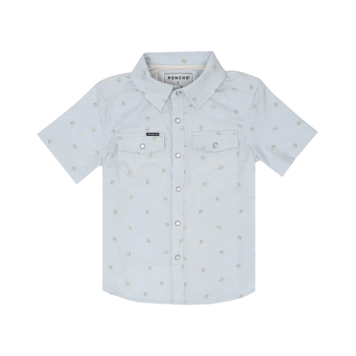 Poncho Youth Western short sleeve pearl snap shirt in The San Carlos, white with a small print, front view
