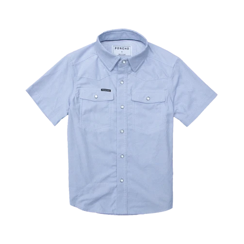 Front view of The Head Honcho Poncho Youth Western Short Sleeve Shirt in blue micro-check.