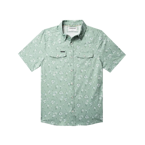 Front view of The Marty Robbins Poncho Youth Western Short Sleeve Shirt in green daisy floral print