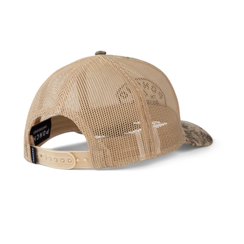 Poncho Outdoors The Game Hat trucker cap in camo, back view showing mesh panels and snapback closure on white background