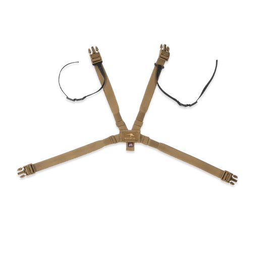 Marsupial standard webbing harness in Coyote Brown with safety tethers