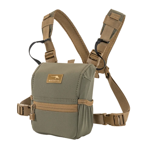 Marsupial Enclosed Bino Pack angled view showing harness and removable safety tethers