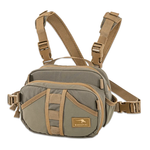 Marsupial Multi Pack chest rig in Ranger Green with harness, angled view