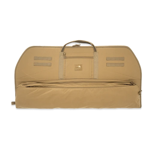 Marsupial Simple Bow Case in Coyote Brown with front arrow pocket, shown without shoulder strap