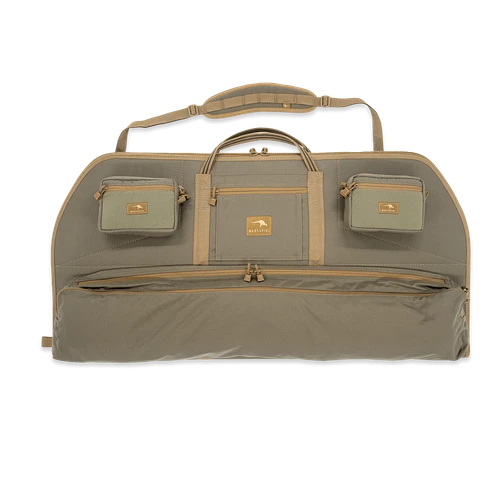 Marsupial Simple Bow Case in Ranger Green shown with MOLLE-mounted accessory pouches (sold separately)
