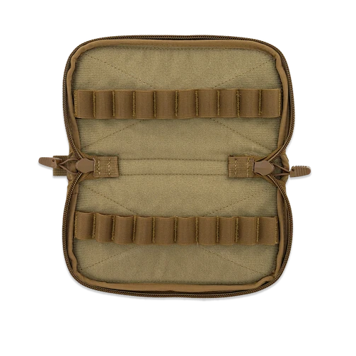 Small Marsupial Admin Wallet unzipped showing two removable ten-round loop strips on a loop-lined interior