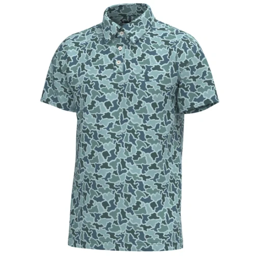 Local Boy youth dirty myrtle polo in a blue dog and moon camo, front view