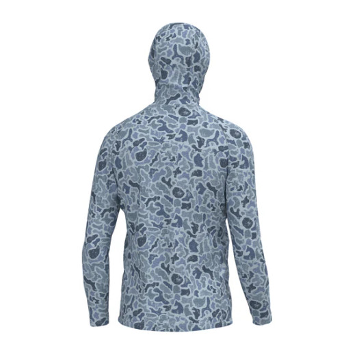 LOCAL BOY OUTFITTERS HEATHER BLEND HOODIE. Variant is Distressed LCF Cobalt. Back View.