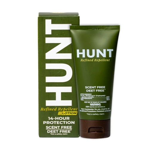 HUNT Refined Repellent scent-free, DEET-free lotion tube and box, 14-hour protection