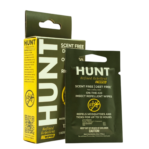 Whitebox image of HUNT Refined Repellent DEET-Free Insect Repellent Wipe Box with Individual Package of wipe in front of it.