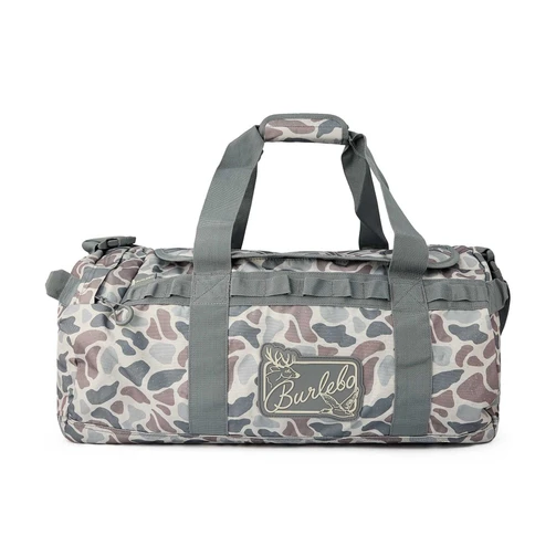 Burlebo duffle bag in classic deer camo with gray handles and a Burlebo script patch