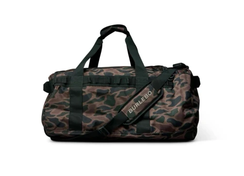 Burlebo duffle bag in bendita camo with the adjustable shoulder strap attached