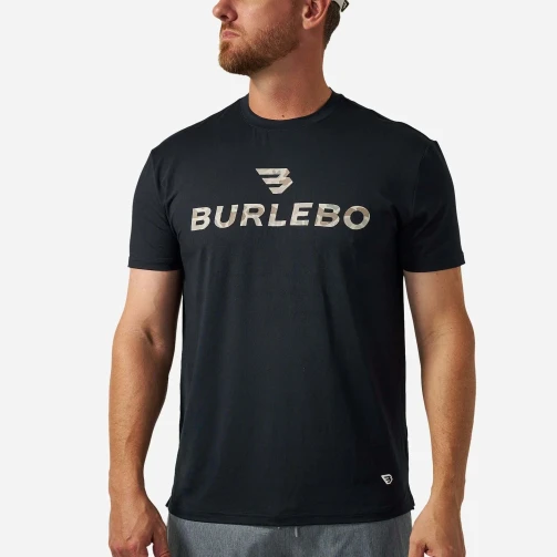 Burlebo black Go To tee with a classic deer camo Flying B and Burlebo chest logo, front view on model