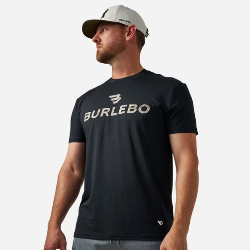 Burlebo black Flying B logo tee, three-quarter view on model