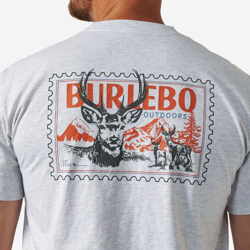 Close-up of the Burlebo Outdoors buck stamp back graphic with a mule deer and mountains