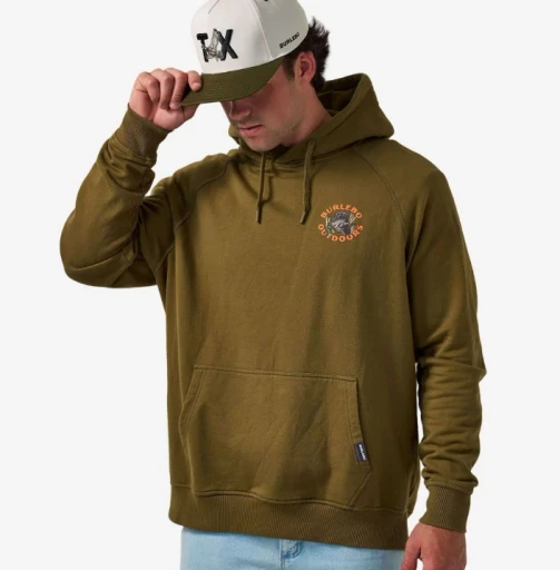 Burlebo big game hunts fleece hoodie in hunter green with a small chest logo, front view on model