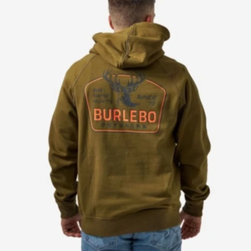 Back of the Burlebo big game hunts fleece hoodie showing the deer head and Burlebo Outdoors graphic
