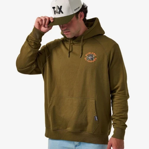 Model wearing the Burlebo big game hunts fleece hoodie in hunter green with a kangaroo pocket, front view