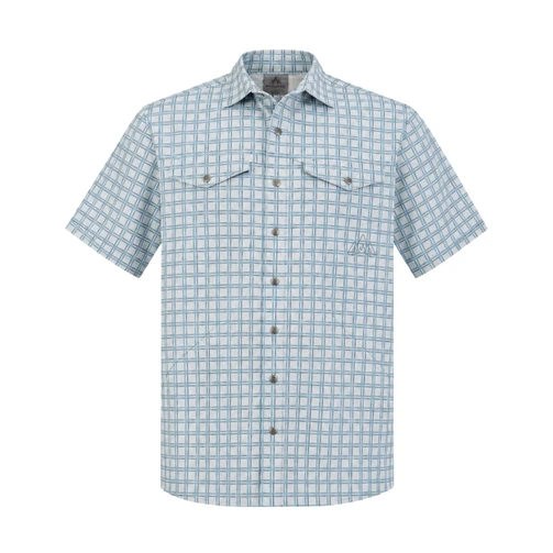 Pnuma Cayman Performance Button-Up Shirt in Blue Plaid, front view
