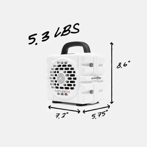 whitebox image of turtlebox cub portable speaker in the color white with dimension graphics