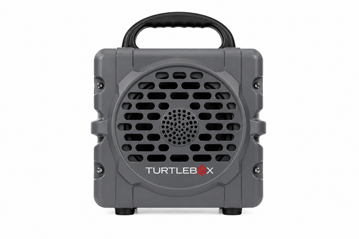 whitebox image of turtlebox cub portable speaker in the color grey front view