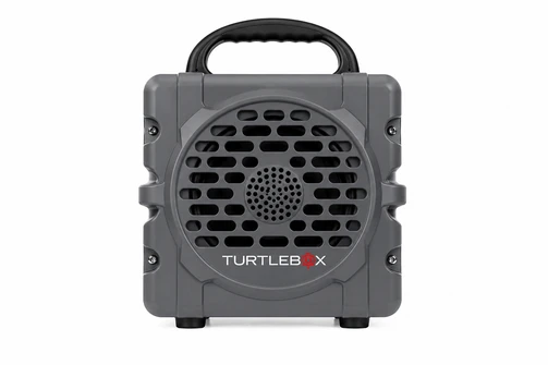 whitebox image of turtlebox cub portable speaker in the color grey front view