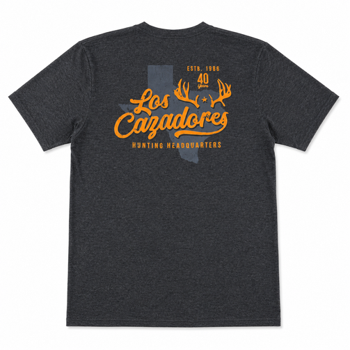 Back view of the Los Cazadores 40 Years Short Sleeve Tee in charcoal heather featuring the vintage Los Cazadores Hunting Headquarters 40 Years graphic on a white background.