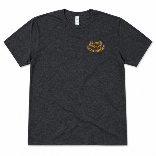 Front view of the Los Cazadores 40 Years Short Sleeve Tee in charcoal heather featuring the Los Cazadores logo on the left chest on a white background.