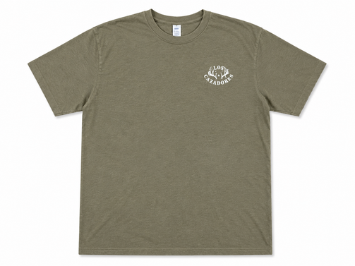 Front view of the Los Cazadores Special Edition 40th Year Badge Short Sleeve Tee in olive heather featuring the Los Cazadores logo on the left chest on a white background.